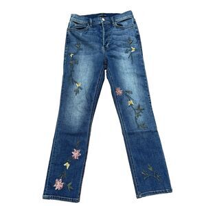 Level 99 Floral Embroidered High Rise Button Fly Straight Leg Jean Stretch Sz 30